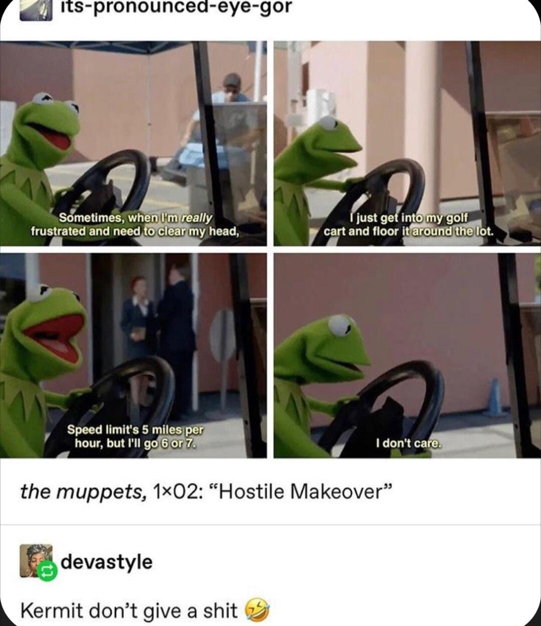 Sdmetimes wheri mleaily 5 frusirated an need SBEIEATmY heac p cart and ioor EPBUTCITHETor Spood limits 5 mi howr bt 1 gl the muppets 1x02 Hostile Makeover devastyle Kermit dont give a shit 5