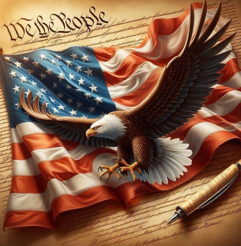 The American flag, an eagle, and the preamble to the Constitution.