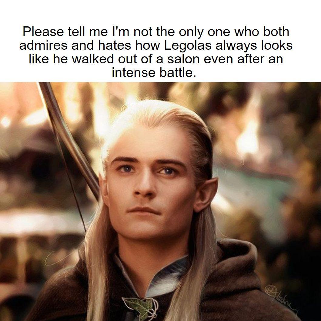 Please tell me Im not the only one who both admires and hates how Legolas always looks like he walked out of a salon even after an intense battle
