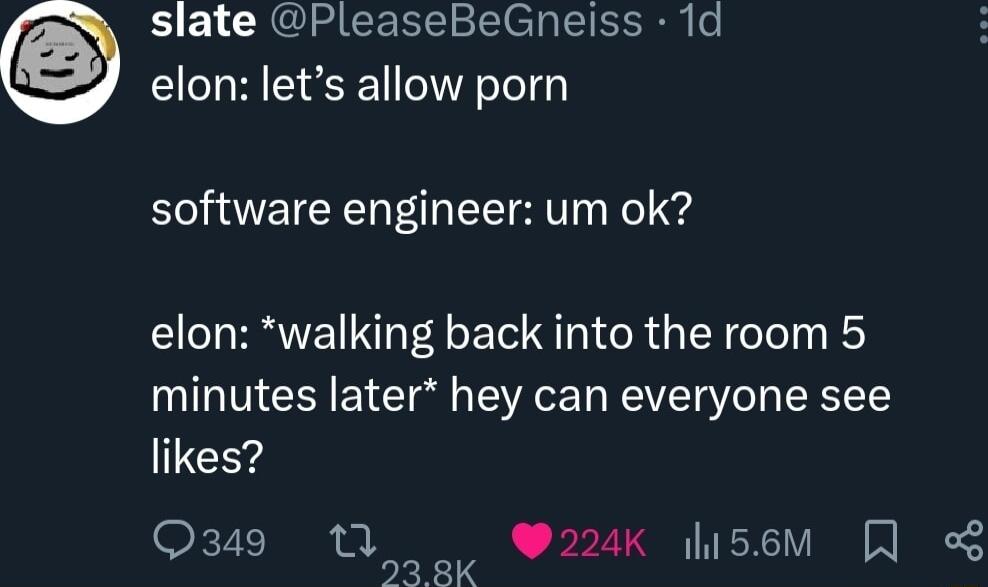 1 CREHGEERE S E IR o elon lets allow porn EOETER I T Kol elon walking back into the room 5 minutes later hey can everyone see likes k71 uzagk 224K lisem o