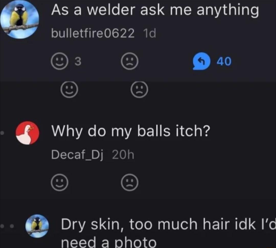 As a welder ask me anything bulletfire0622 1d P Why do my balls itch Decaf_Dj 20h 0V MR o Tl us Vel Mo ET T e FelT Te N elaleite
