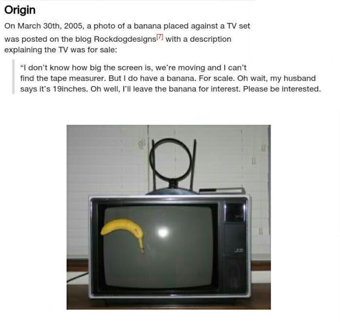 Origin On March 30in 2005 a photo of a banana placed againsta TV set was posted on the blog Fockdogdesigns wit a description expiaining the TV wasfor sae I dont know how big the screen is were moving and cant ind the tape measurer But do have a banana For scale Oh walt my husband Says s 19inches O well Il leave the banana for intorest Please be Interested
