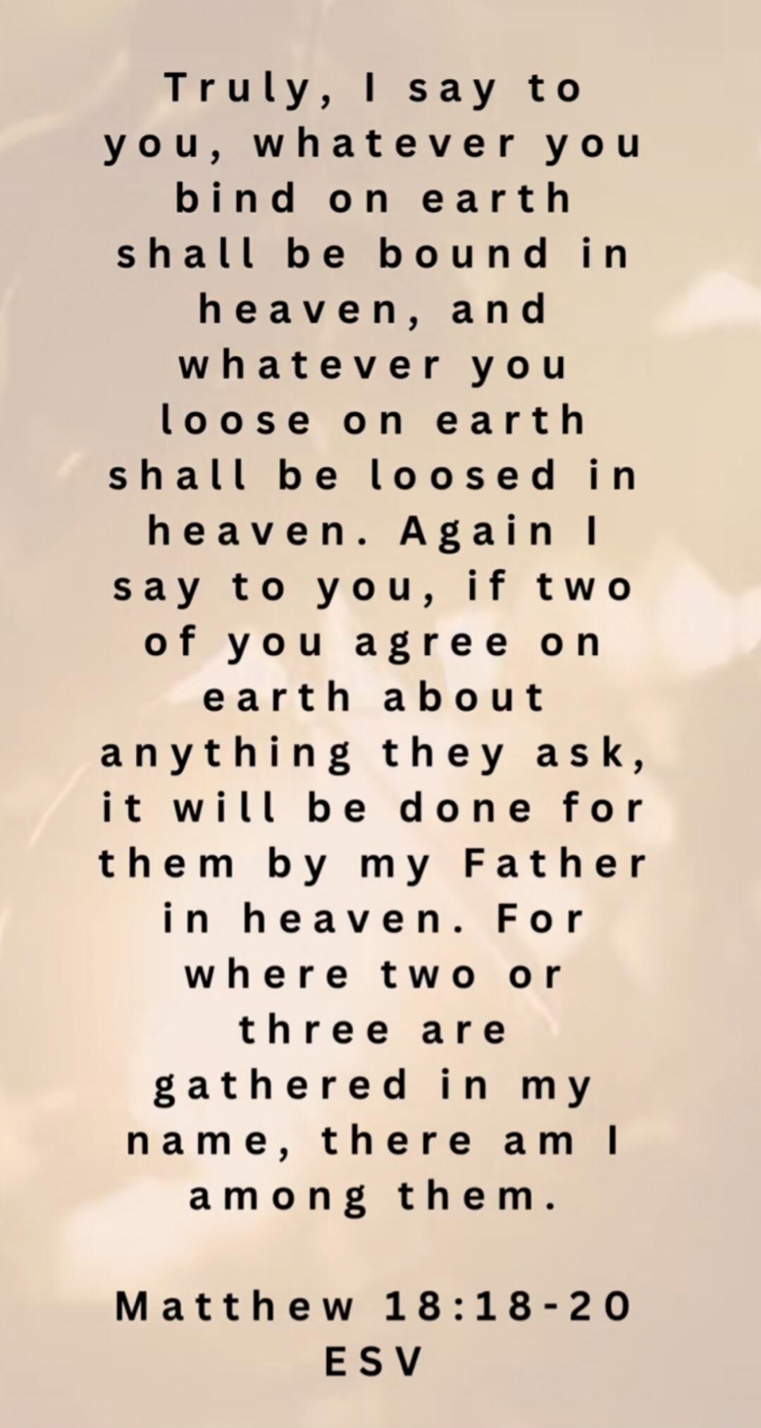 Truly, I say to you, whatever you bind on earth shall be bound in heaven, and whatever you loose on earth shall be loosed in heaven. Again I say to you, if two of you agree on earth about anything they ask, it will be done for them by my Father in heaven. For where two or three are gathered in my name, there am I among them. Matthew 18:18-20 ESV