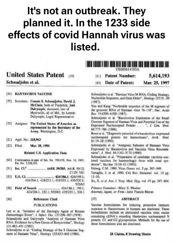 It's not an outbreak. They planned it. In the 1233 side effects of covid Hannah virus was listed.
United States Patent
Schmaljohn et al.
Patent Number: 5,614,193
Date of Patent: Mar. 25, 1997
HANTAVIRUS VACCINE
Inventors: Connie S. Schmaljohn; David J. McClain, both of Frederick; Joel Dalrymple, deceased, late of Myersville, all of Md., by Lonnie D