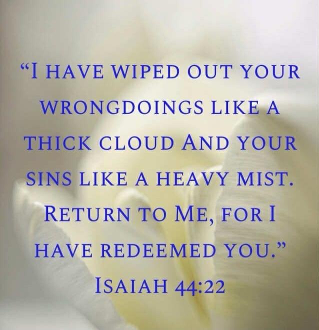 I HAVE WIPED OUT YOUR WRONGDOINGS LIKE A THICK CLOUD AND YOUR SINS LIKE A HEAVY MIST. RETURN TO ME, FOR I HAVE REDEEMED YOU. Isaiah 44:22