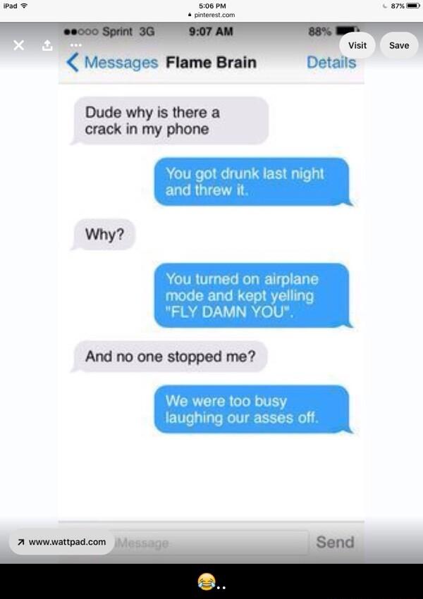 0000 Spint 3G 907 AM L v o Messages Flame Brain Details Dude why is there a crack in my phone You got drunk last night and threw it fou turn airplane YAMN YOL And no one stopped me We were 100 b 2 wwwwattpadcom Send