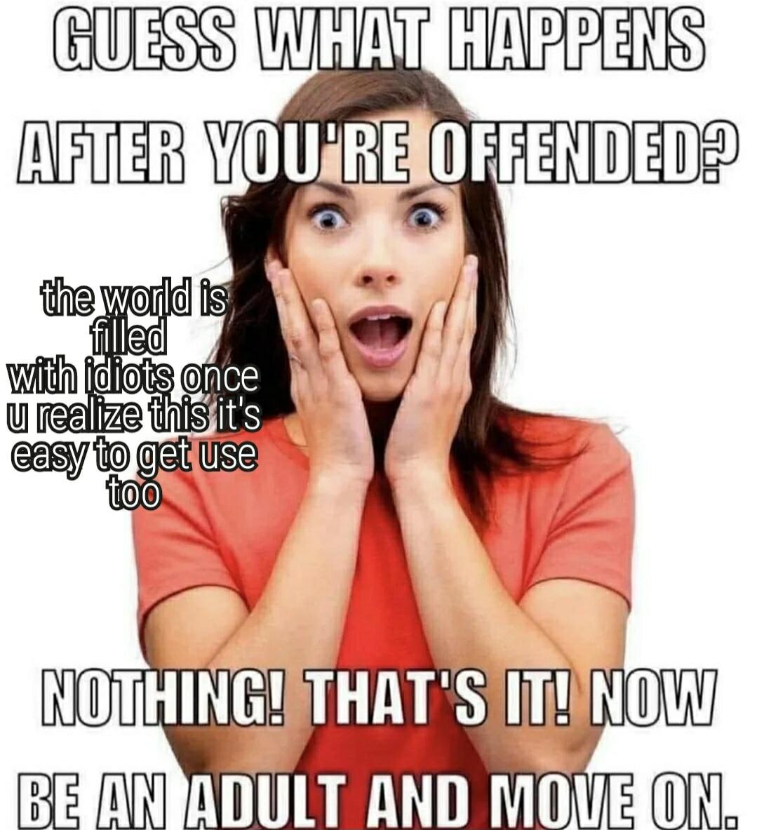 GUESS WHAT HAPPENS AFTER YOU'RE OFFENDED? The world is filled with idiots once you realize this it's easy to get used to. NOTHING! THAT'S IT! NOW BE AN ADULT AND MOVE ON.