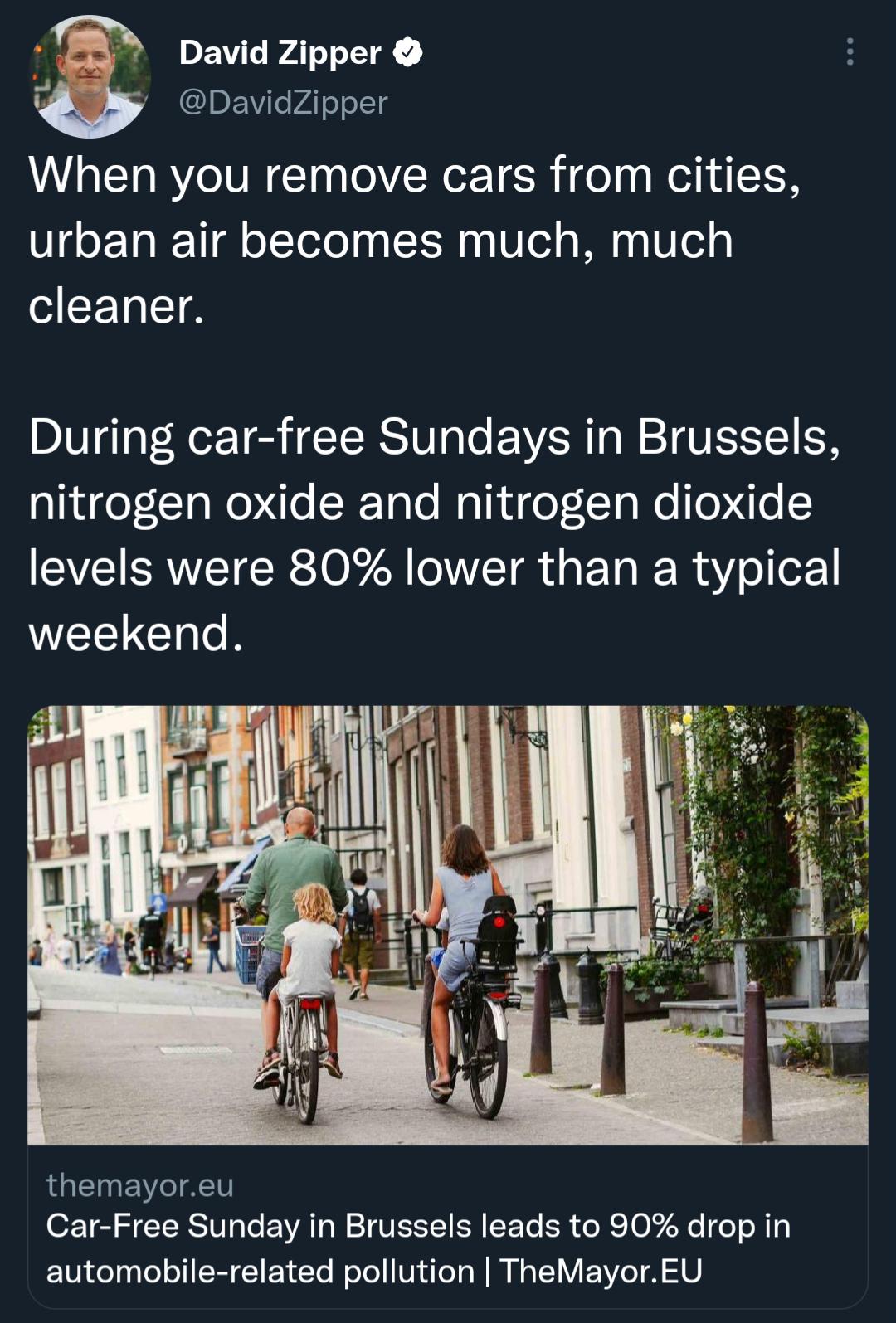 i David Zipper fu DavidZipper When you remove cars from cities urban air becomes much much cleaner During car free Sundays in Brussels aliCo CCIa N Te STalo M ThUqoTT g Ko oo Y EVE VTR OV OVETR G ET e R Y o oF WEELGh TN themayoreu Car Free Sunday in Brussels leads to 90 drop in EMGT G EEELITREL TR G E N ETTA V