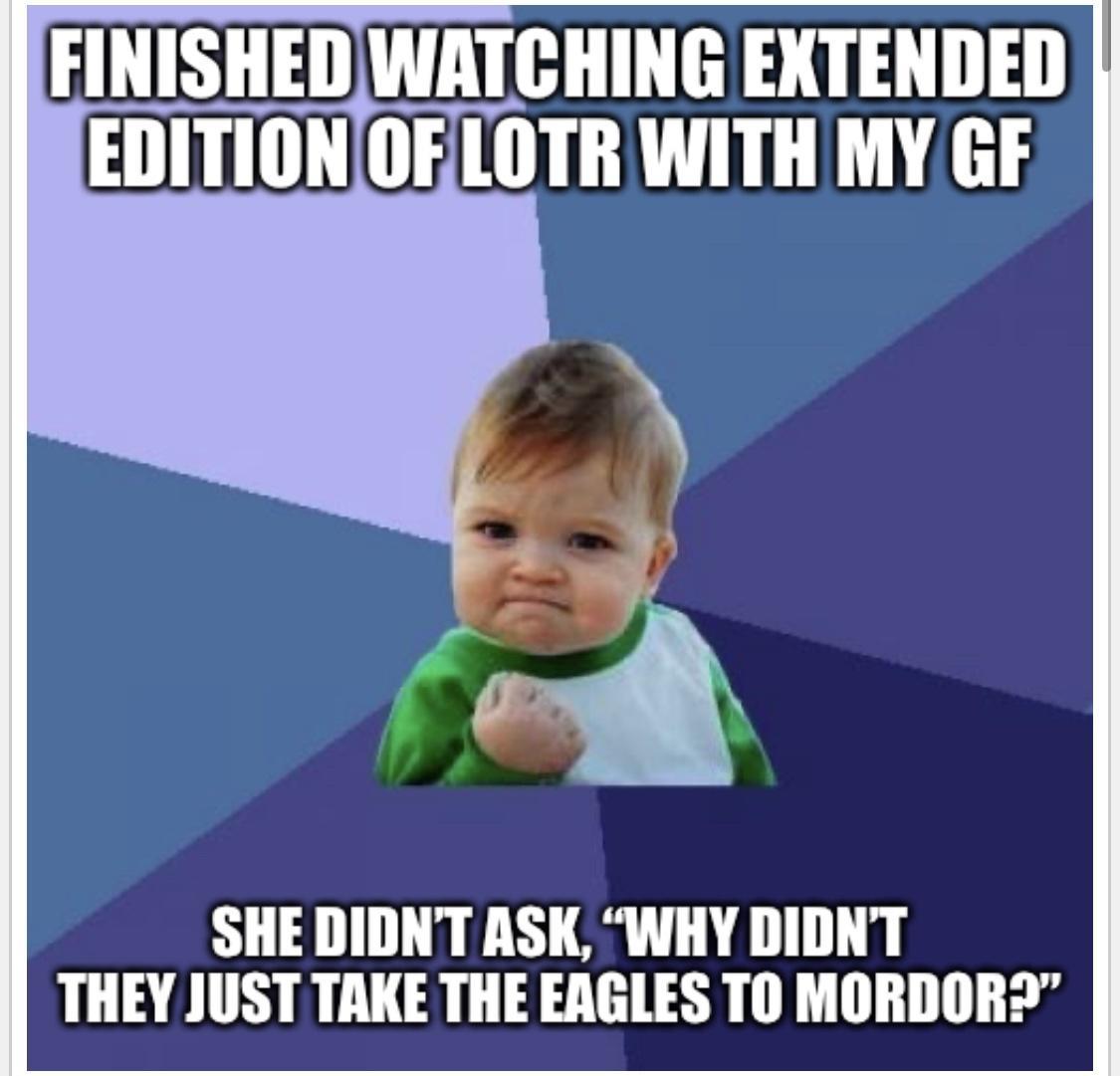 FINISHEDWATCHING EXTENDED EDITIONOELOTR WITHMYGF SHE DIDNT ASK WHY DIDNT THEY JUST TAKE THE EAGLES TO MORDOR