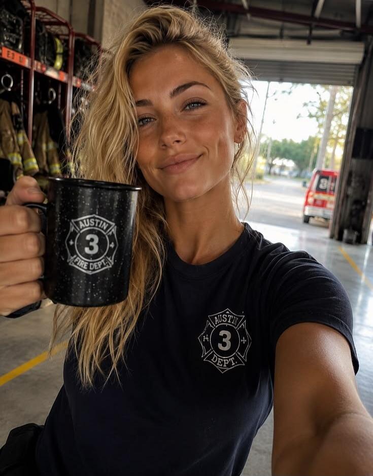 A woman is holding a black mug with 'AUSTIN FIRE 3 DEPT.' written on it. She is wearing a dark t-shirt with a logo that says 'AUSTIN H 3 DEPT.'.