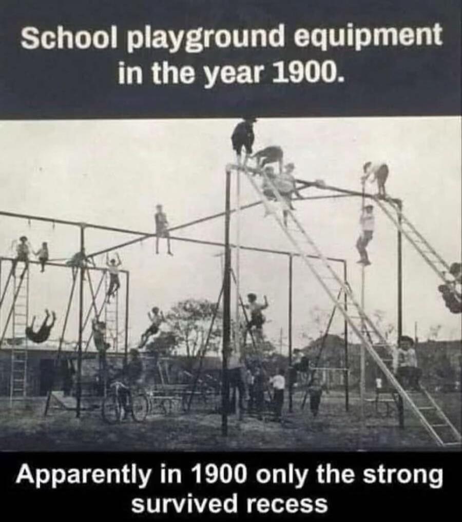 School playground equipment in the year 1900. Apparently in 1900 only the strong survived recess