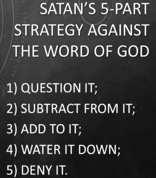 SATAN'S 5-PART STRATEGY AGAINST THE WORD OF GOD
1) QUESTION IT;
2) SUBTRACT FROM IT;
3) ADD TO IT;
4) WATER IT DOWN;
5) DENY IT.