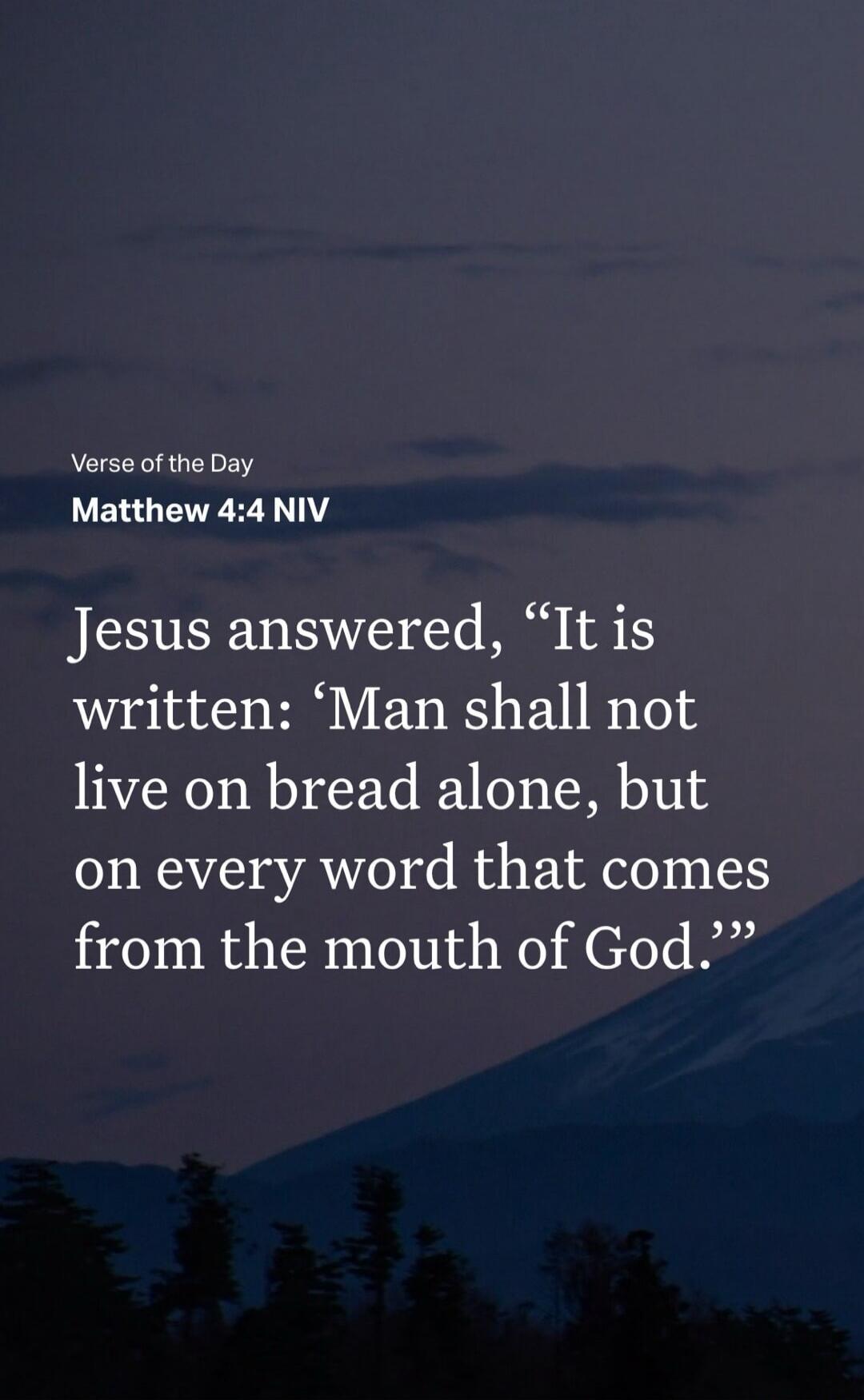 Verse of the Day
Matthew 4:4 NIV
Jesus answered, “It is written: ‘Man shall not live on bread alone, but on every word that comes from the mouth of God.’”