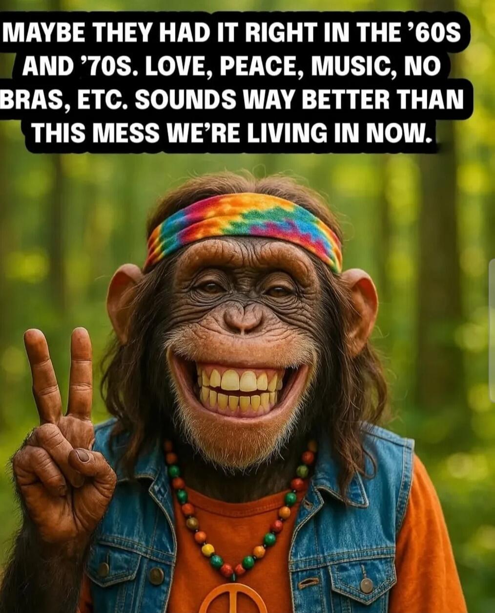 MAYBE THEY HAD IT RIGHT IN THE '60S AND '70S. LOVE, PEACE, MUSIC, NO BRAS, ETC. SOUNDS WAY BETTER THAN THIS MESS WE'RE LIVING IN NOW.