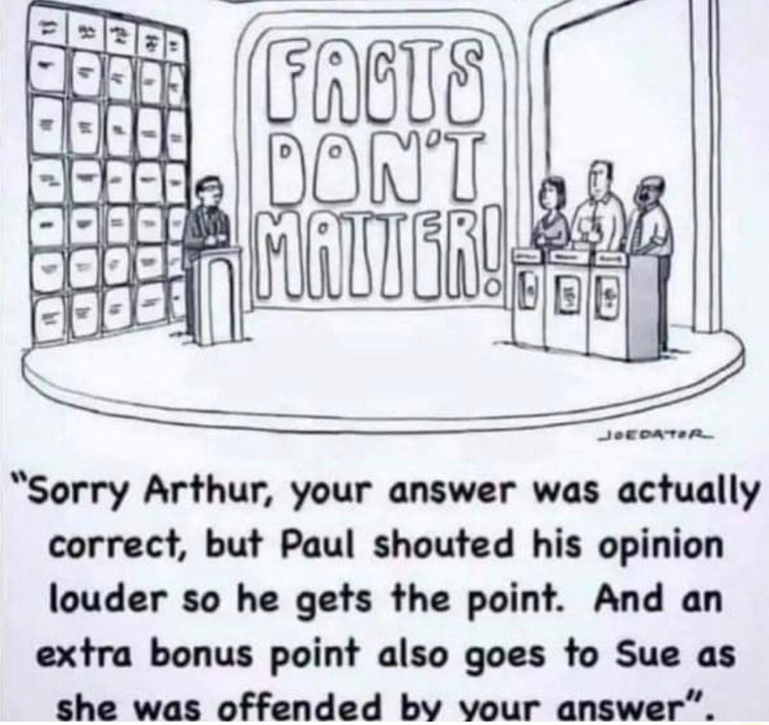 Sorry Arthur your answer was actually correct but Paul shouted his opinion louder so he gets the point And an extra bonus point also goes to Sue as she was offended by vour answer