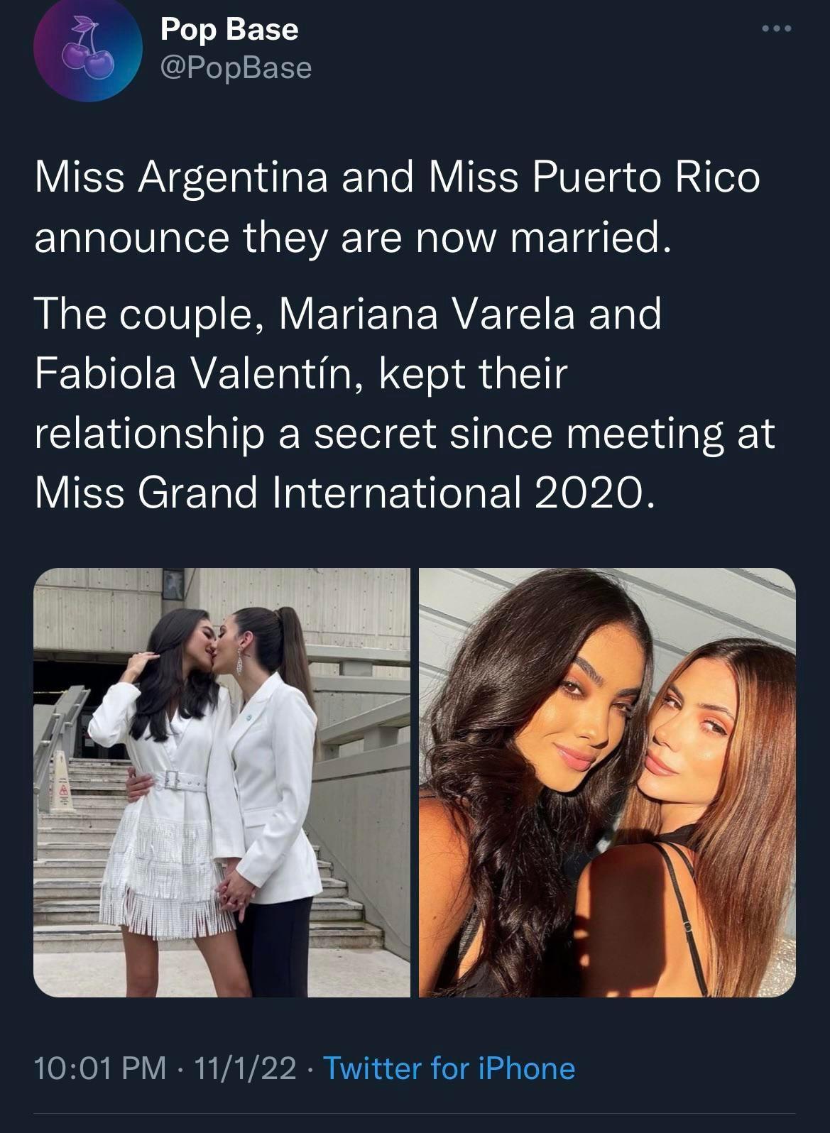 Pop Base PopBase VICEWANE CIalla ERTole MVSSN VITa el aeTe announce they are now married R CReTe T o RV ETEET ERVETEI ERET o Fabiola Valentin kept their relationship a secret since meeting at Miss Grand International 2020 1001PM 11122 Twitter for iPhone
