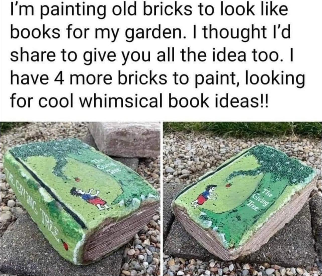 Im painting old bricks to look like books for my garden thought Id share to give you all the idea too have 4 more bricks to paint looking for cool whimsical book ideas