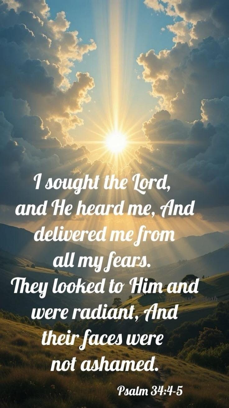 I sought the Lord, and He heard me, And delivered me from all my fears. They looked to Him and were radiant, And their faces were not ashamed. Psalm 34:4-5