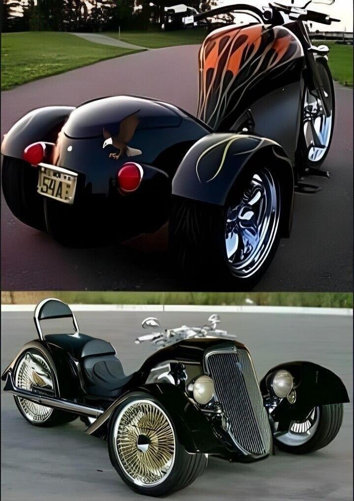 Two distinct custom three-wheeled vehicles are displayed. The upper image shows a black trike with orange flame graphics, featuring a unique rear section with two wheels and a license plate marked '54A'. An eagle emblem is visible on the back. The lower image presents another black trike with a classic car-inspired front grille, two front wheels, a