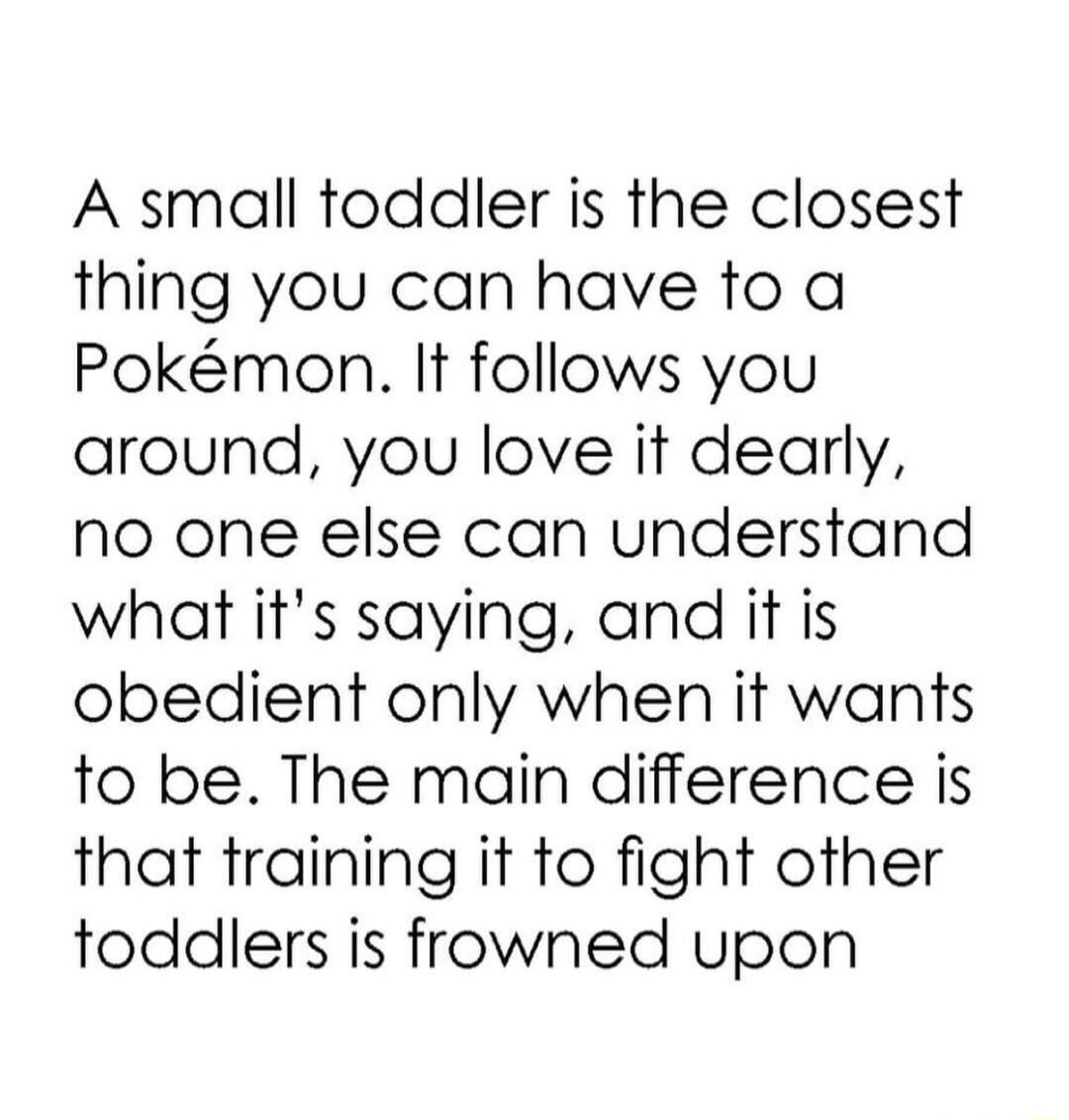 A small toddler is the closest thing you can have to a Pokmon It follows you around you love it dearly no one else can understand what its saying and it is obedient only when it wants to be The main difference is that training it to fight other toddlers is frowned upon