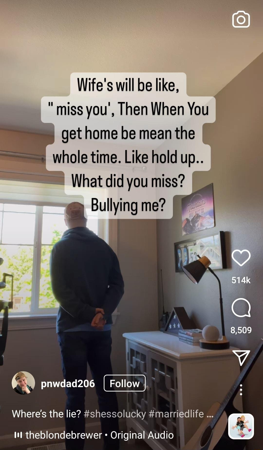 Wifes will be like miss you Then When You get home be mean the whole time Like hold up W What did you miss Bullying me Wheres the lie shessolucky marriedlife LIRUCHIEHE NIV