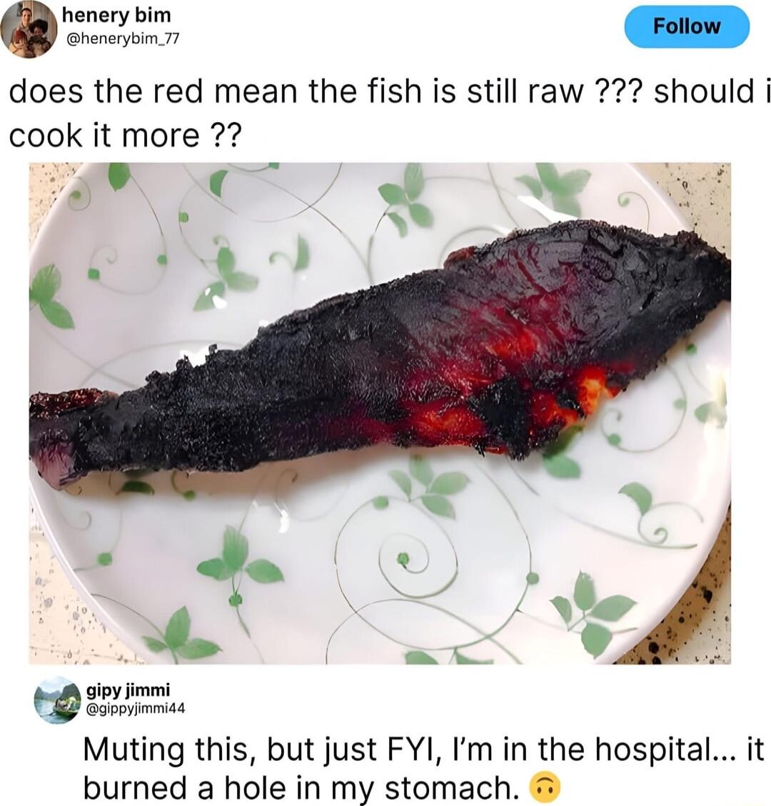 henery bim does the red mean the fish is still raw should cook it more gipy immi Ebovimmas Muting this but just FYI m in the hospital it burned a hole in my stomach