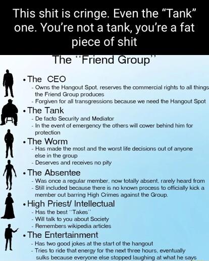 This shit is cringe Even the Tank one Youre not a tank youre a fat piece of shit The CEO Owns the Hangout the Friend Group Forgiven for al fr The Tank De facto Security and Mediator I the event of emergency the others wil cower behind him for P The Worm Has made the most and the worst ife decisions out of anyone else i the group Deserves and receives no pity The Absentee Has the bes Wil talk to Fe