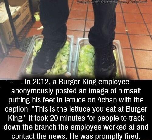 In 2012 a Burger King employee anonymously posted an image of himself putting his feet in lettuce on 4chan with the caption This is the lettuce you eat at Burger King It took 20 minutes for people to track SR GER U RO ERET o DR CI EEEL contact the news He was promptly fired