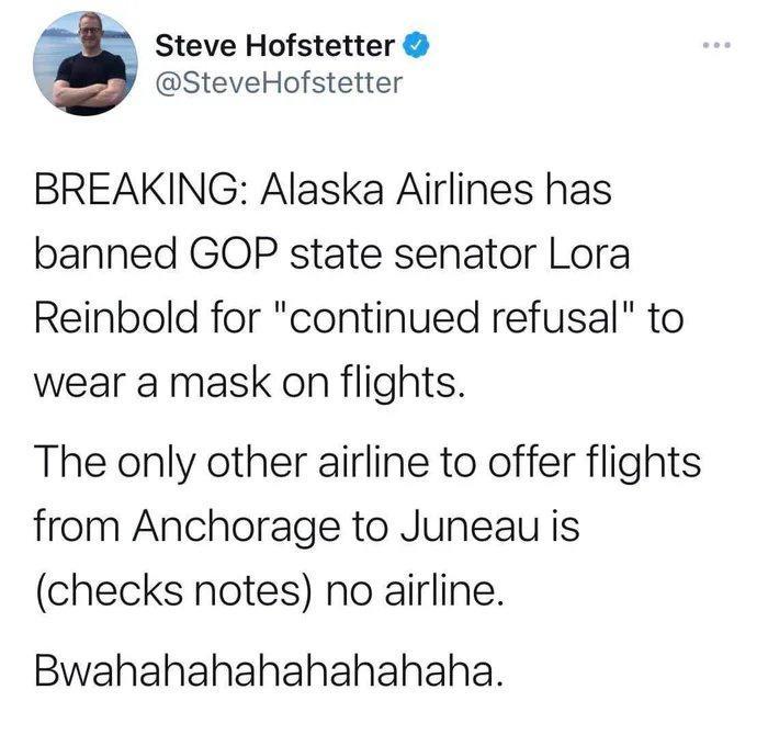 4 Steve Hofstetter X SteveHofstetter BREAKING Alaska Airlines has banned GOP state senator Lora Reinbold for continued refusal to wear a mask on flights The only other airline to offer flights from Anchorage to Juneau is checks notes no airline Bwahahahahahahahaha