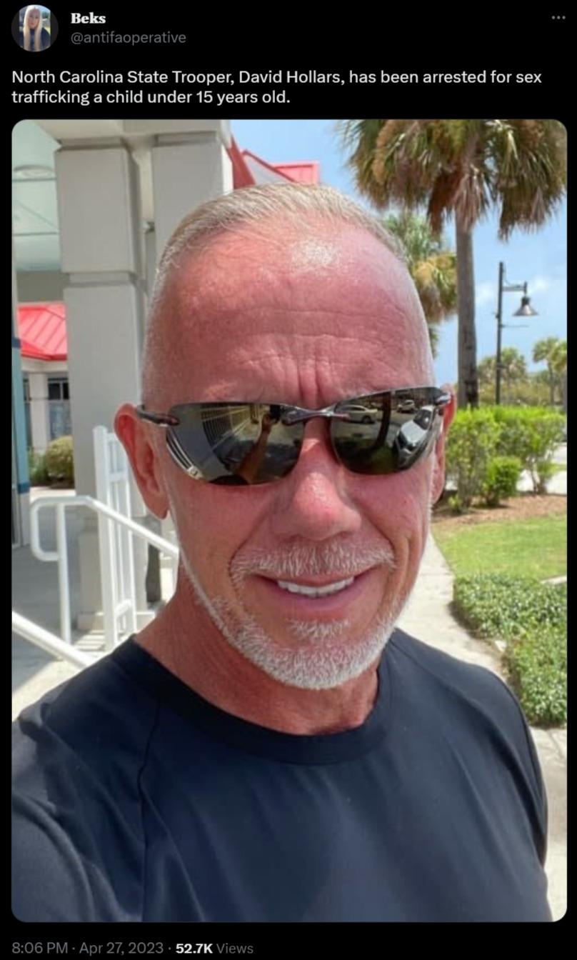 hh North Carolina State Trooper David Hollars has been arrested for sex trafficking a child under 15 years old 527k