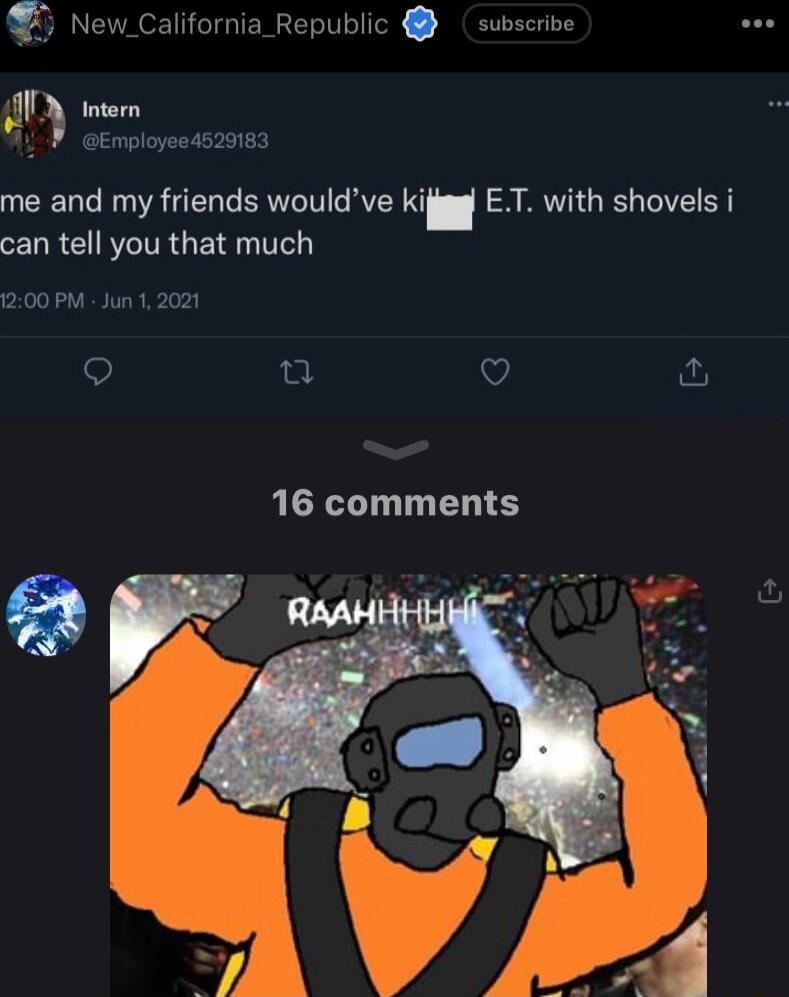 New_California_Republic subscribe Intern 1y Emplojeeasastes UCEL B UECERIV RS ki ARVIGEL R EURCIRCITRGE T 1200 PM Jun 1 2021 jat V 16 comments