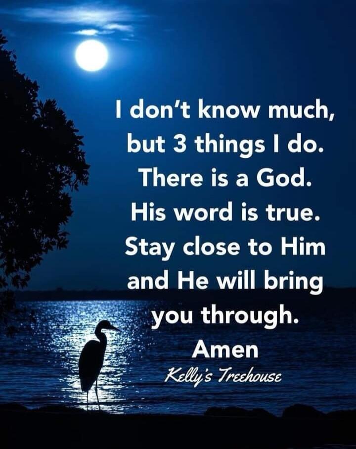 I don't know much, but 3 things I do. There is a God. His word is true. Stay close to Him and He will bring you through. Amen Kelly's Treehouse