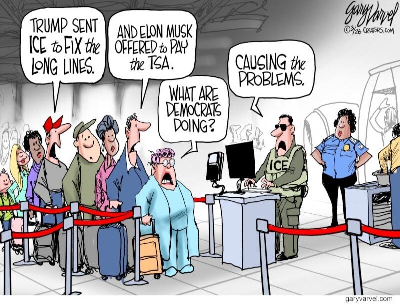 Trump sent ICE to fix the long lines. And Elon Musk offered to pay the TSA. What are Democrats doing? Causing the problems.