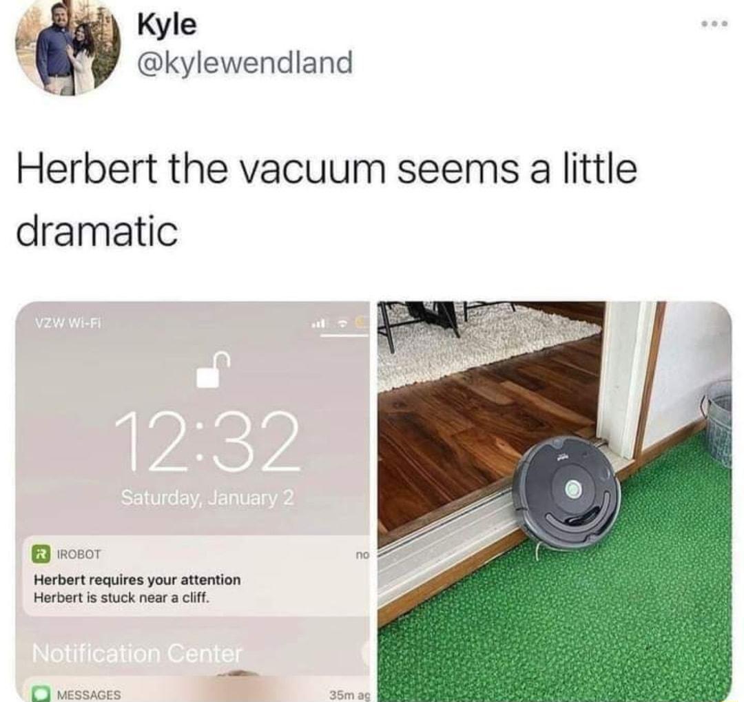 axd Kyle W kylewendland Herbert the vacuum seems a little dramatic IROBOT Herbert requires your attention Herbert is stuck near a cliff MESSAGES 35m ag