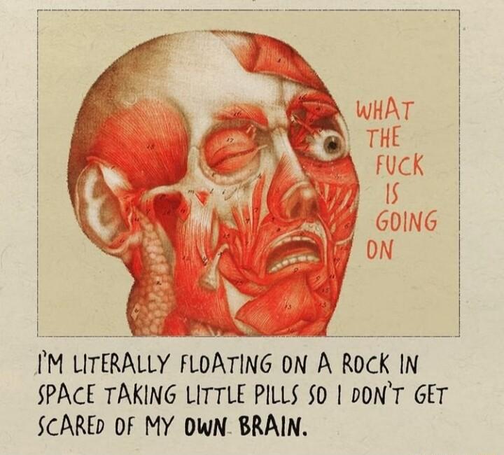 IM LITERALLY FLOATING ON A ROck IN SPACE TAKING LITTLE PILLS 0 DONT GET SCARED OF MY OWN BRAIN