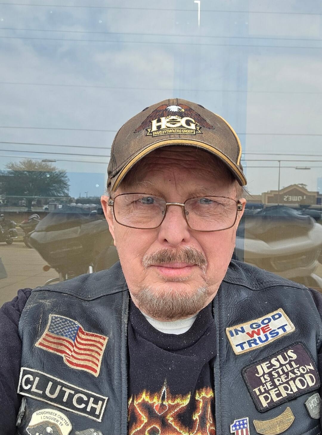 HOG HARLEY OWNERS GROUP CLUTCH IN GOD WE TRUST JESUS IS STILL THE REASON PERIOD ROUGHNECK CHAPTER LONGVIEW TX American flag patch