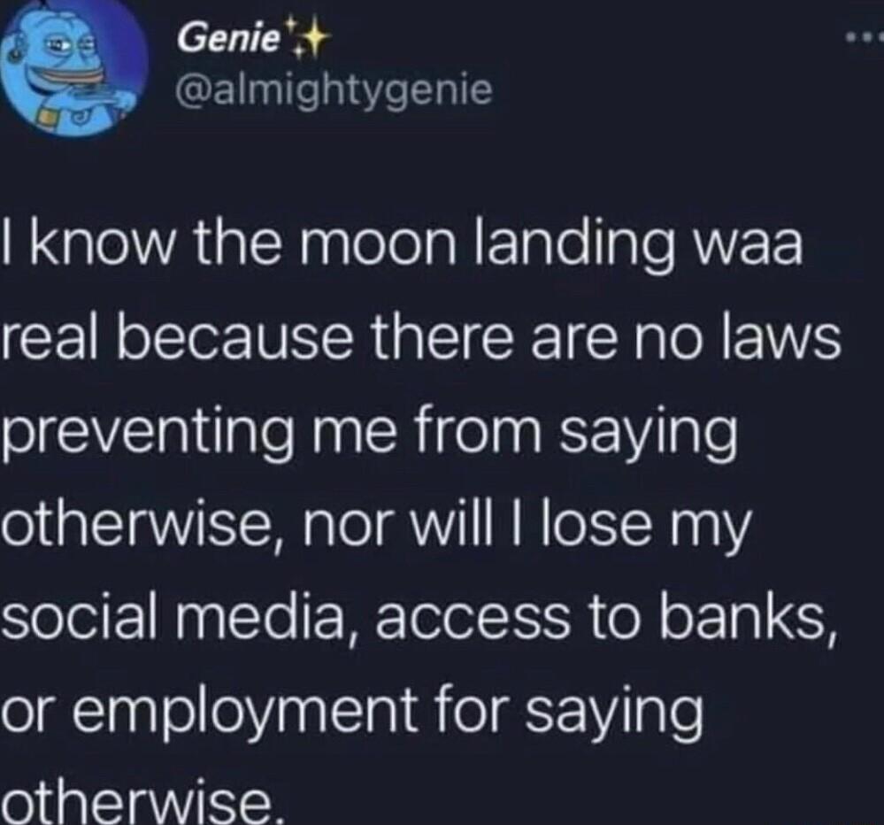 Genie almightygenie know the moon landing waa CEIN oIS NRER S CRE Nl EIWE preventing me from saying otherwise nor will lose my SoleiFNalcTo ERET R o o 1S or employment for saying otherwise