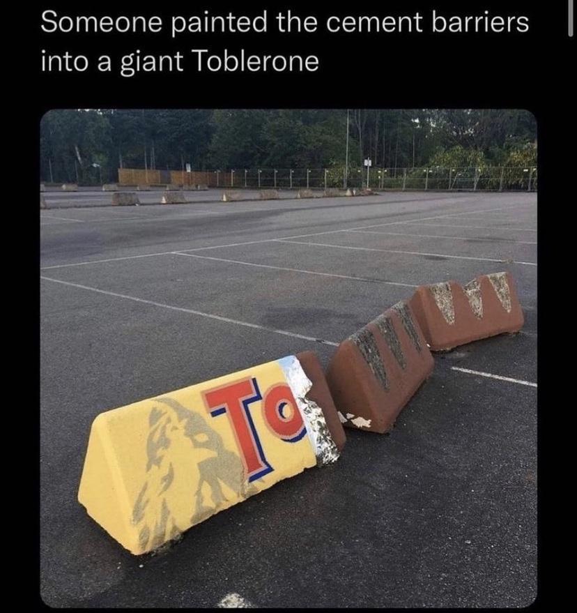 Someone painted the cement barriers into a giant Toblerone