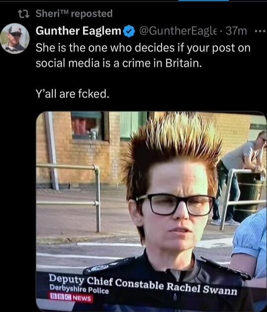 3 Sheri reposted Gunther Eaglem GuntherEagle 37m She is the one who decides if your post on social media is a crime in Britain Yall are fcked