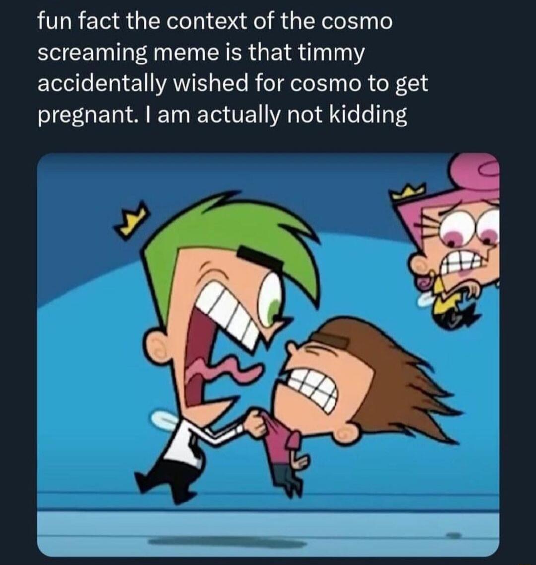 fun fact the context of the cosmo screaming meme is that timmy accidentally wished for cosmo to get pregnant am actually not kidding