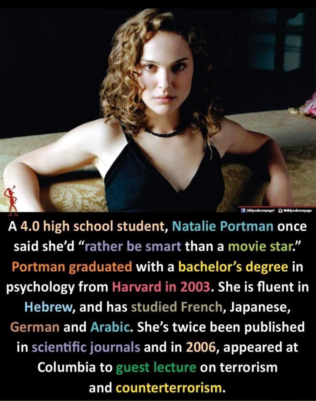 A 40 high school student Natalie Portman once said shed rather be smart than a movie star Portman graduated with a bachelors degree in VI3 T e T AVA 1 MR ETRVETG RITIAV D E WY TR O V13V Hebrew and has studied French Japanese CEITNETIIFTo AVETTToM s TR AV ol N o LT e 0L o 1 in scientific journals and in 2006 appeared at Columbia to guest lecture on terrorism and counterterrorism