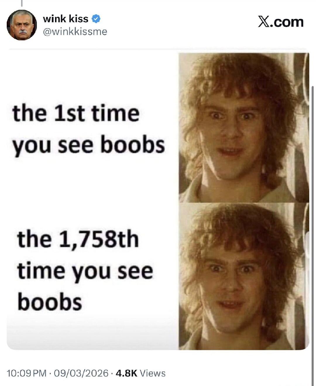the 1st time you see boobs
the 1,758th time you see boobs