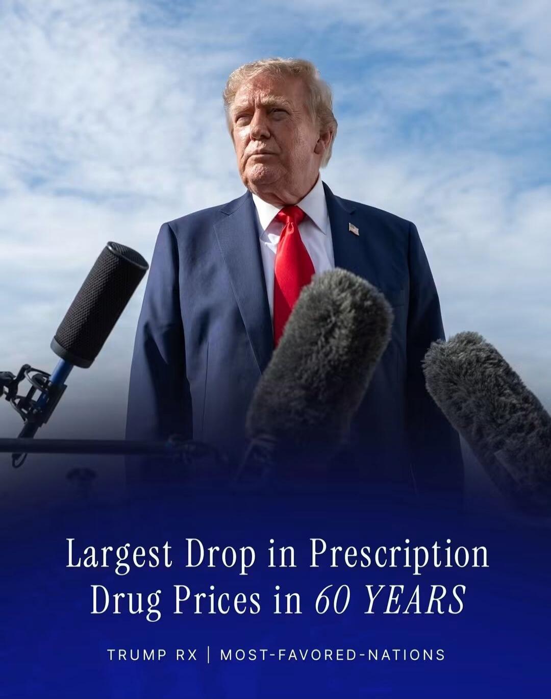 Donald Trump stands in front of microphones under a blue sky. Text on the image reads: 