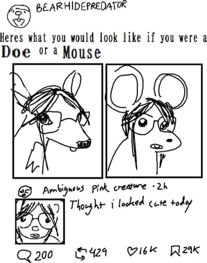 BEARHIDEPREDATOR Heres what you would look like if you were a Doe or2 Mouse Ambigusvs pink_ creatwre 2k j Tlovkr locked cte o7 3 Qa0 S Ok QK
