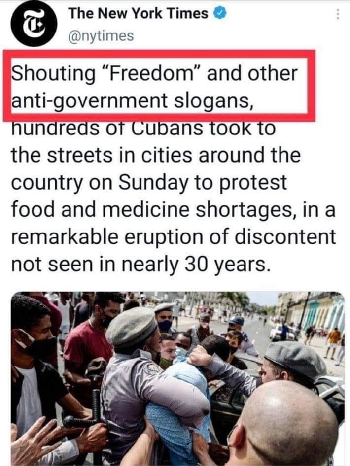 The New York Times nytimes Shouting Freedom and other anti government slogans hundreds of Cubans t00K 1o the streets in cities around the country on Sunday to protest food and medicine shortages in a remarkable eruption of discontent not seen in nearly 30 years