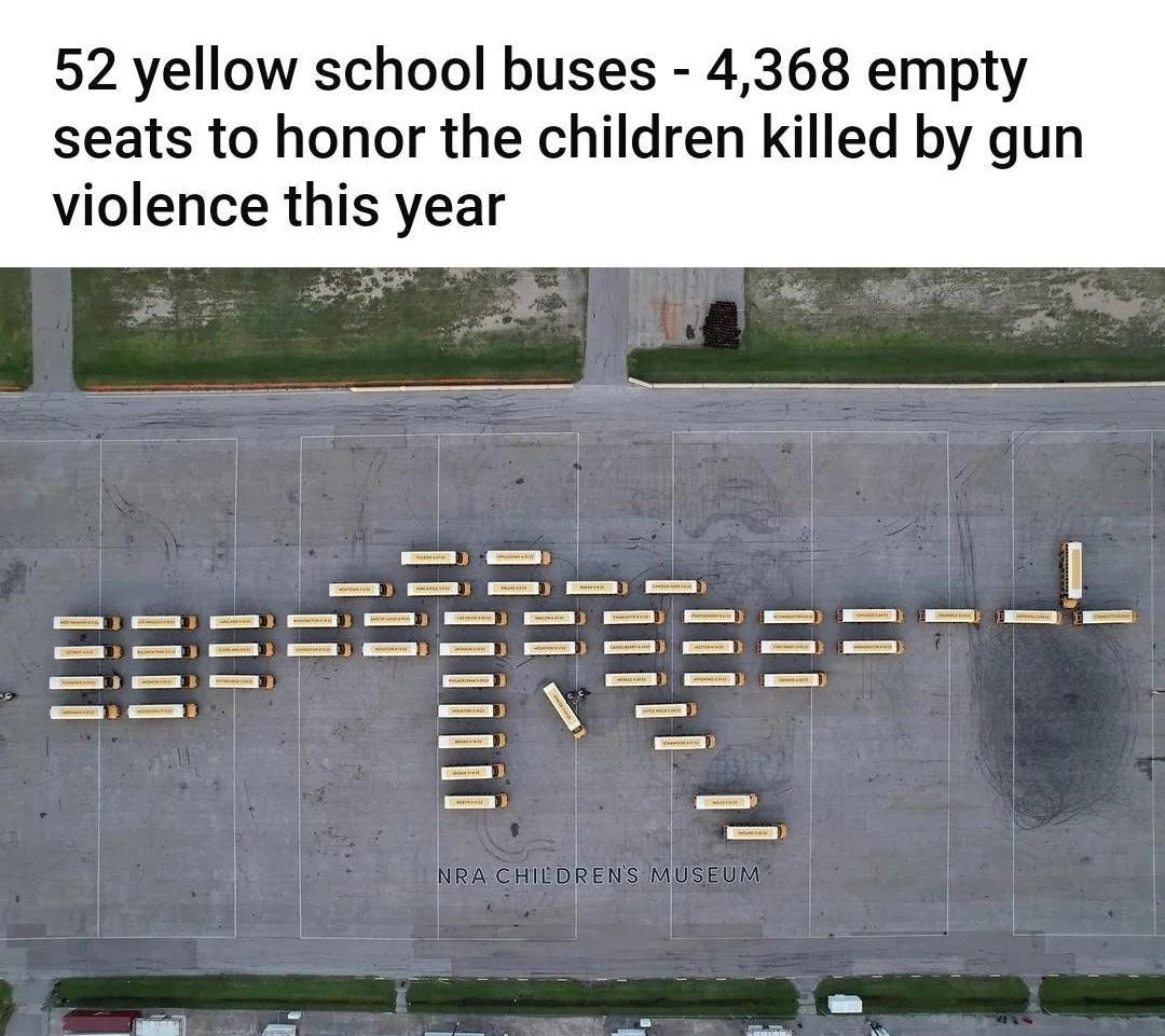 52 yellow school buses 4368 empty seats to honor the children killed by gun violence this year