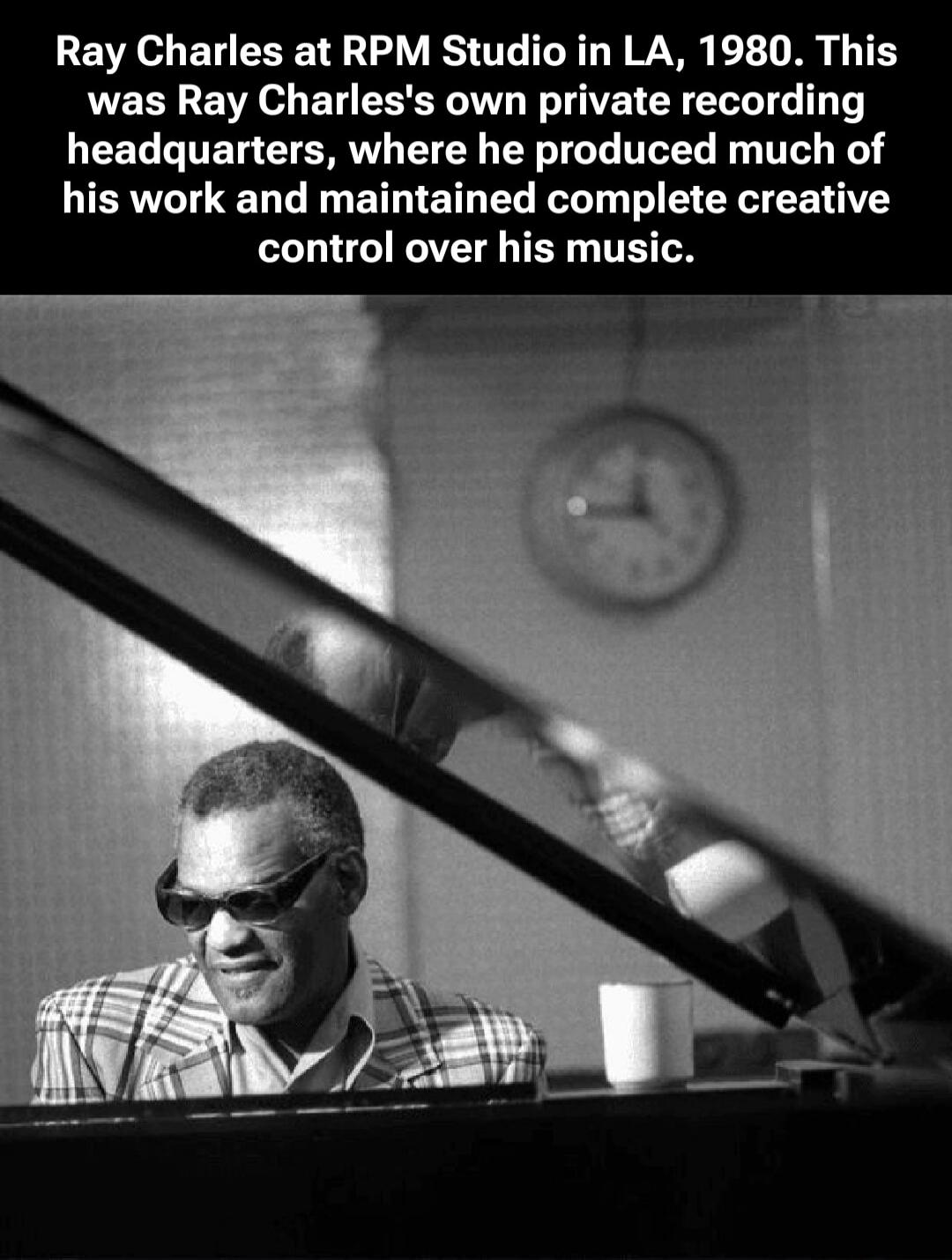 Ray Charles at RPM Studio in LA, 1980. This was Ray Charles's own private recording headquarters, where he produced much of his work and maintained complete creative control over his music.