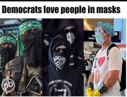 The image features a meme with the text 'Democrats love people in masks'. It shows three distinct panels: on the left, two individuals in military attire with their faces covered by black balaclavas and green headbands with Arabic script; in the center, a person wearing a black hoodie and a bandana with the 'Rose City Antifa' logo covering their fa