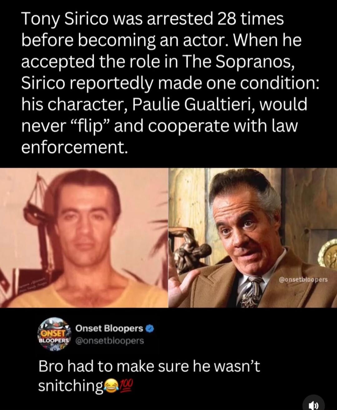 Tony Sirico was arrested 28 times before becoming an actor. When he accepted the role in The Sopranos, Sirico reportedly made one condition: his character, Paulie Gualtieri, would never 