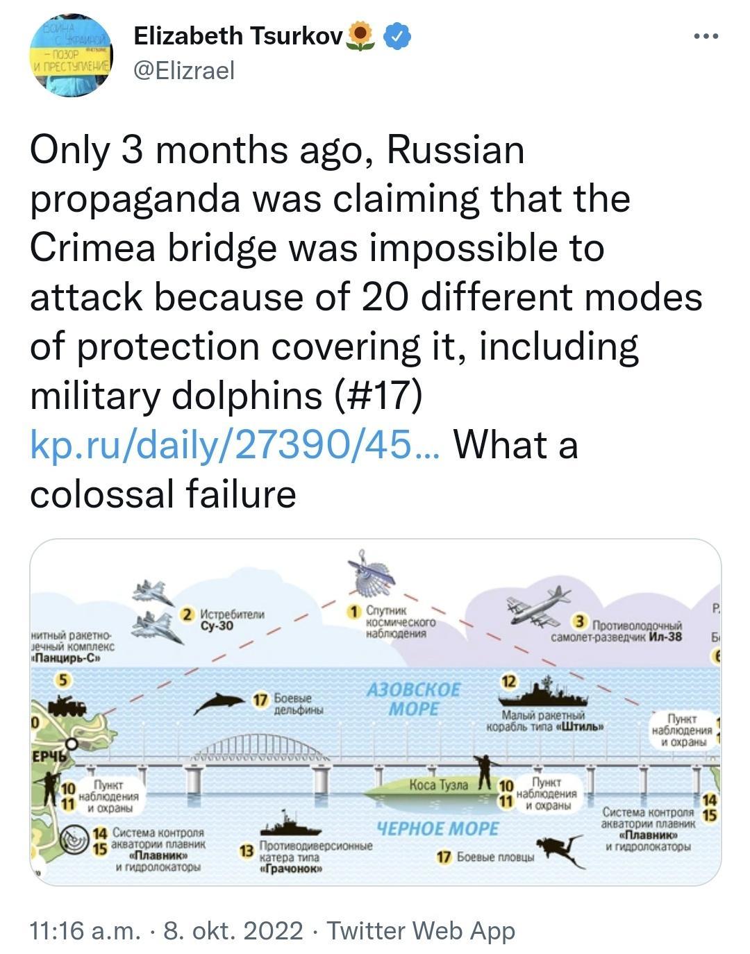 Elizabeth Tsurkov Elizrael Only 3 months ago Russian propaganda was claiming that the Crimea bridge was impossible to attack because of 20 different modes of protection covering it including military dolphins 17 kprudaily2739045 What a colossal failure EPHOE MOPE oo W 1116 am 8 okt 2022 Twitter Web App